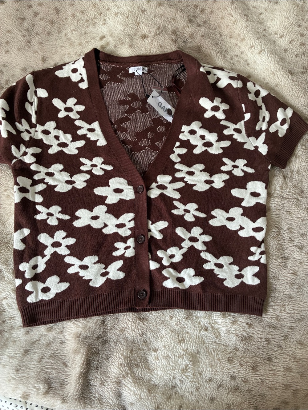 Garage Brown and White Floral V-Neck Short Sleeve Cardigan